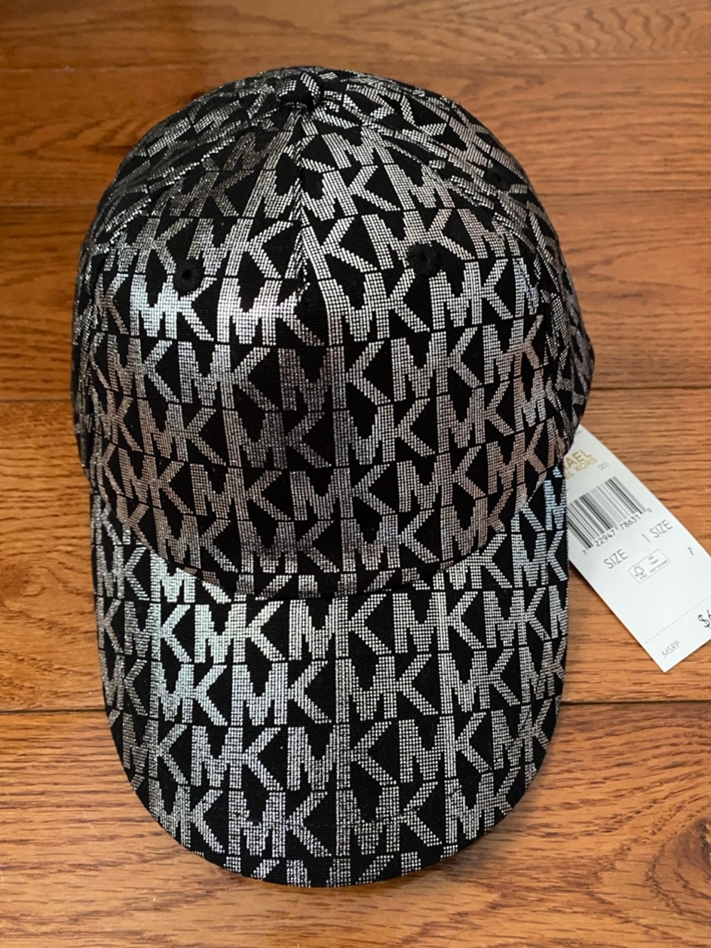 Michael Kors Printed MK Logo Adjustable Hat Black/Silver BRAND NWT
